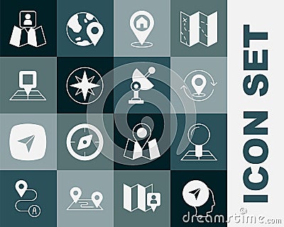 Set Map marker with human, Folded map location, pin, Location house, Wind rose, and Radar icon. Vector Vector Illustration