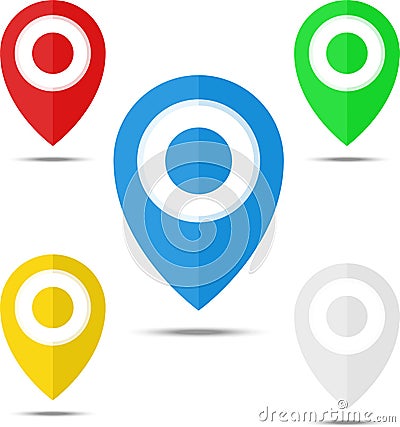 Set of Map markers, map pins, pointer elements. 5 colors, orange, blue, green, red, white. Location, address, destination, geo loc Stock Photo