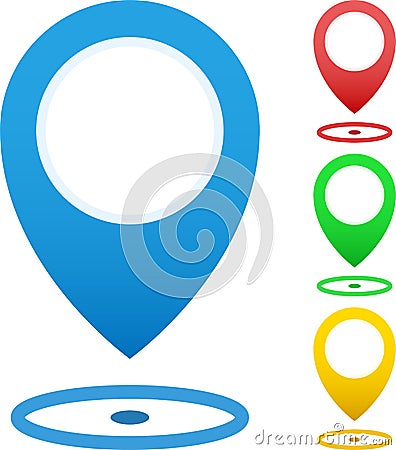 Set of Map markers, map pins, pointer elements. 4 colors, orange, blue, green, red. Location, address, destination, geo location t Stock Photo