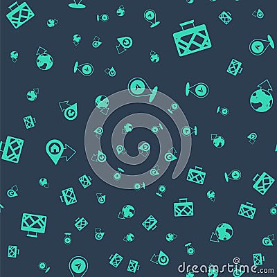 Set Map pin, Monitor with map location, Location house and the globe on seamless pattern. Vector Stock Photo