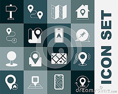 Set Map pin, Push, Folded map, with location marker, Route, Road traffic sign and City navigation icon. Vector Vector Illustration