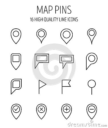 Set of map pins icons in modern thin line style. Vector Illustration