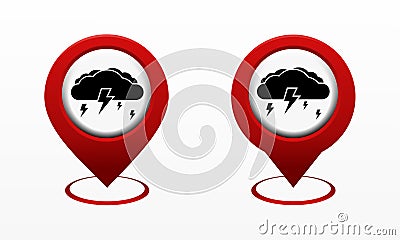 Set of map pointer with cloud and lightning icon. Red map pin. Storm location. Vector Illustration