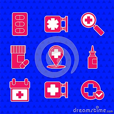 Set Map pointer with cross hospital, Cross medical, Bottle nasal spray, Doctor appointment, Medicine bottle and pills Vector Illustration