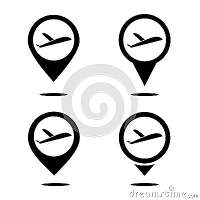 Set of map pointer with plane icon. Departure point. Airplane pin location. Vector Illustration