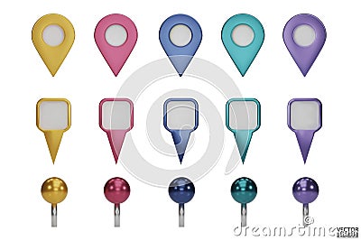 Set of map pointers in metallic colors isolated on white backgrounds. Location pin or navigation front view. 3D Locator mark of Vector Illustration