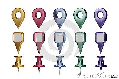 Set of map pointers in metallic colors isolated on white backgrounds. Location pin or navigation front view. 3D Locator mark of Vector Illustration