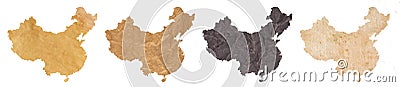 set of maps of China on old dark and brown crumpled grunge papers Cartoon Illustration