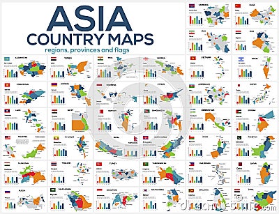 Set of maps of the countries of Asia. Image of global maps in the form of regions regions of Asia countries. Flags of countries. Vector Illustration