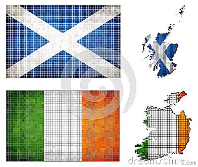 Set of maps and flags of Ireland and Scotland Vector Illustration