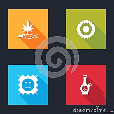 Set Marijuana joint, spliff, Sun, LSD acid mark and Bong icon. Vector Vector Illustration