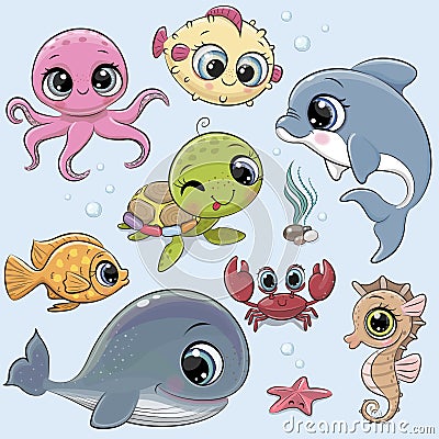 Set of marine animals isolated on a blue background Vector Illustration