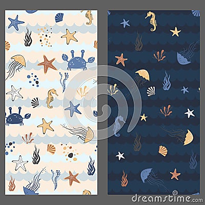 Set of Marine baby seamless pattern with cute marine life Vector Illustration