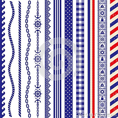 Set of marine decoration: dot, border, stripe, wave. Vector Illustration