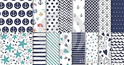 Set of marine and nautical backgrounds in navy blue and white colors Vector Vector Illustration
