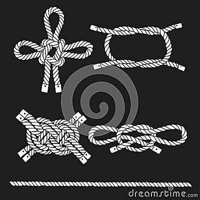 Set of marine rope, knots. Vector isolated elements on a black Cartoon Illustration