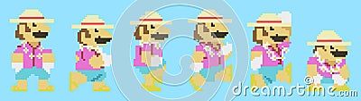 Set of Mario moves from Super Mario Odyssey video game. Art of pixel Mario in Resort Suit Vector Illustration