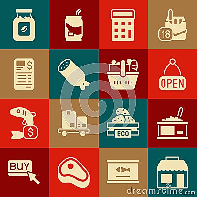 Set Market store, Tin can with caviar, Hanging sign Open, Calculator, Salami sausage, Paper financial check, Coffee jar Vector Illustration