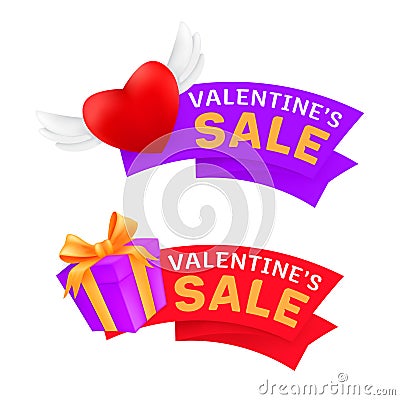 Set of marketing sale banners or promo labels to Valentine`s Day celebrating with flying heart with angel wings and gift box Vector Illustration