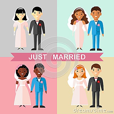 Set of a married asian, african, american, european, international couple people Vector Illustration