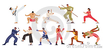 Set Martial Arts, Sport Competition, Characters Presenting Different Fighting Karate, Sumo, Bojutsu, Boxing or Wrestling Vector Illustration