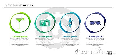 Set Martini glass, Photo camera, Kayak or canoe and paddle and Glasses. Business infographic template. Vector Vector Illustration