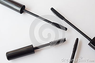 Set of mascara brushes. Silicone, with nap, narrow and wide cosmetic mascaras. Top view, flat lay Stock Photo