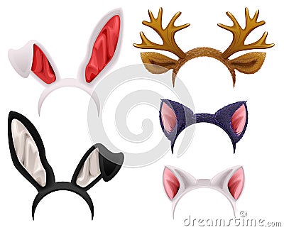 Set mask cat, rabbit, deer antler and ears Vector Illustration