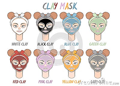 Set mask clay face beauty girl and women. Skin spa procedure, cosmetic clean. Head full face, cartoon style Cartoon Illustration