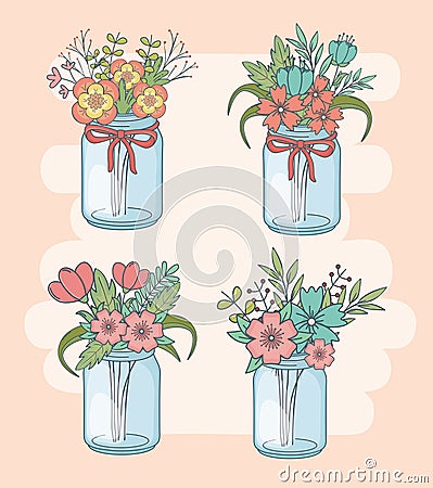 Set of mason jars with floral decorations Vector Illustration