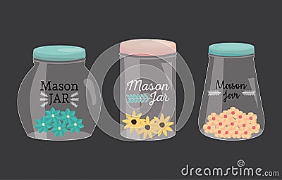 Set of mason jars with lid and flowers Vector Illustration