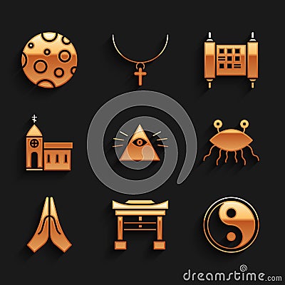 Set Masons, Japan Gate, Yin Yang, Pastafarianism, Hands praying position, Church building, Decree, paper, parchment Vector Illustration