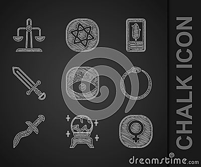 Set Masons, Magic ball, Venus, Ouroboros, Dagger, Medieval sword, Tarot cards and Libra zodiac icon. Vector Vector Illustration