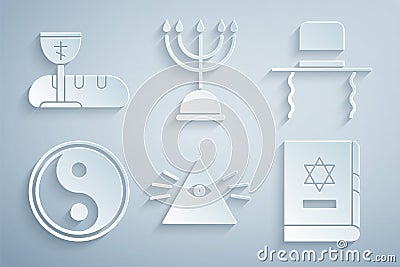 Set Masons, Orthodox jewish hat with sidelocks, Yin Yang, Jewish torah book, Hanukkah menorah and First communion Vector Illustration
