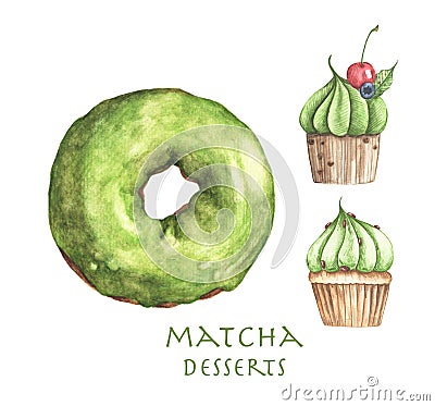 Set of Matcha desserts, Donut and Cupcakes. Watercolor illustration. Cartoon Illustration