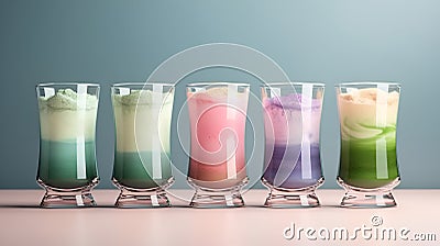 Set of matcha latte cocktails. Pink, blue, purle and green matcha tea variation. Creative illustration of assortment of matcha tea Cartoon Illustration