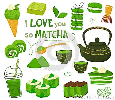 Set of different tea products of the matcha. Matcha powder, macarons, ice cream, cake, bamboo spoon, teapot, drink, sweets,tea, te Vector Illustration