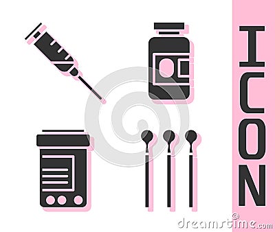 Set Matches, Syringe, Medicine bottle and pills and Medicine bottle and pills icon. Vector Vector Illustration