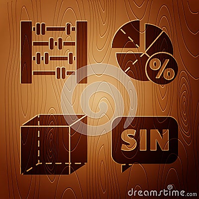 Set Mathematics function sine, Abacus, Geometric figure Cube and Graph, schedule, chart, diagram on wooden background Vector Illustration