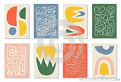 Set of 8 Matisse inspired wall art posters, brochure, flyer templates, contemporary collage. Organic line abstract pattern, hand Vector Illustration