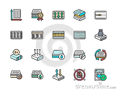 Set of Mattress Color Icons. Elastic Material, Zipper, Anti Allergic and more. Stock Photo