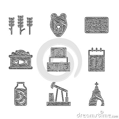 Set Mausoleum of Lenin, Oil pump or pump jack, The Tsar bell, Calendar 12 june, Pickled cucumbers jar, Tin can with Stock Photo