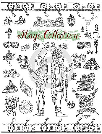 Set with Mayan mystic symbols, icons and indian people Vector Illustration