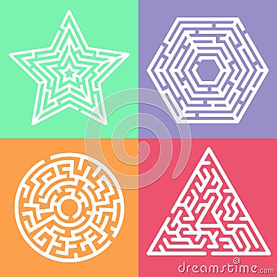 Set of maze labyrinth game for kids. Labyrinth logic conundrum in the shape of a hexagon, star, circle and triangle. One Vector Illustration