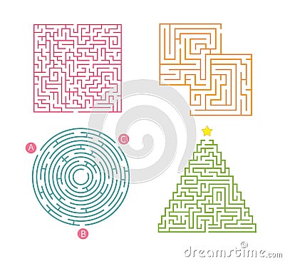 Set of 4 maze. Labyrinth shape design element. Simple round, square and triangularmaze labyrinth game for kids. Entry and exit. Stock Photo