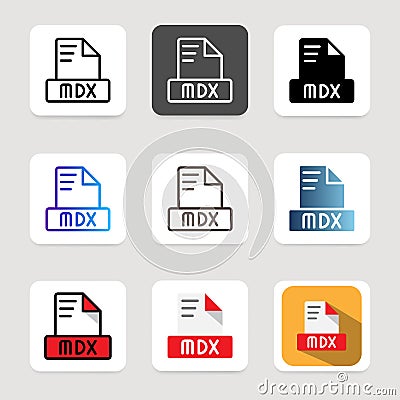 Set mdx file format icons for various file type, document and folder extensions Vector Illustration