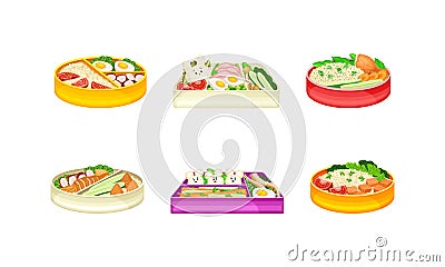 Set of meal trays with healthy nutritious food for students vector illustration Vector Illustration