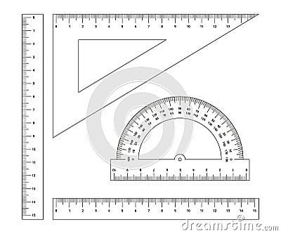 Set of measuring tools ruler, triangle, protractor. Measurement of length, angle, degree. Mathematics measure Vector Illustration