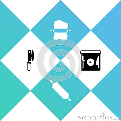Set Meat chopper, Rolling pin, on dough and Cooking live streaming icon. Vector Vector Illustration