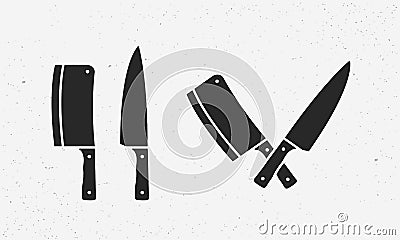 Set of meat cutting knives icons. Butcher supplies. Set of chefâ€™s and meat cleaver knives. Butcher`s design elements for logo Vector Illustration